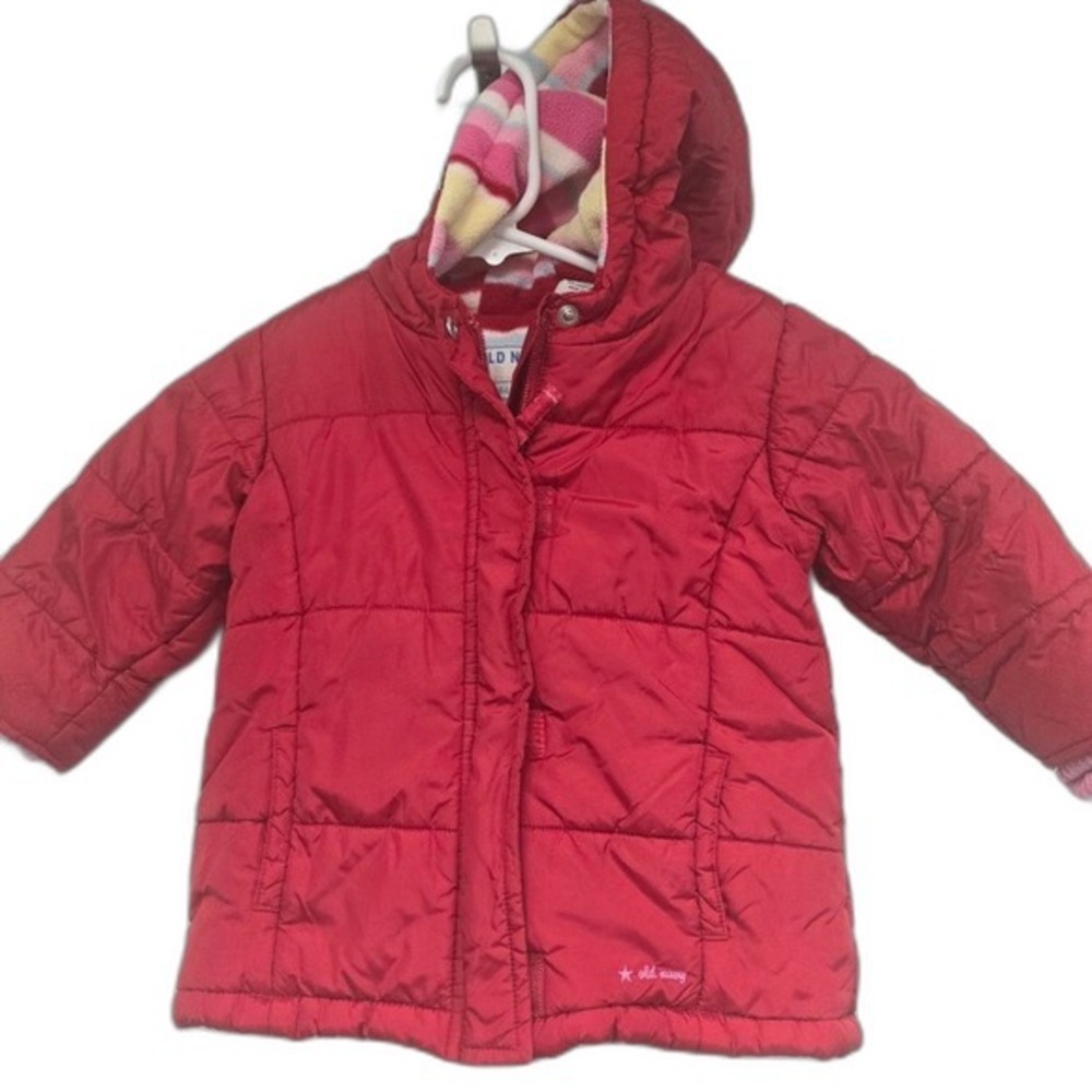 Old Navy Red Puffer Winter Coat Fleece Lined Hood Toddler‎ Girls 18-24m
